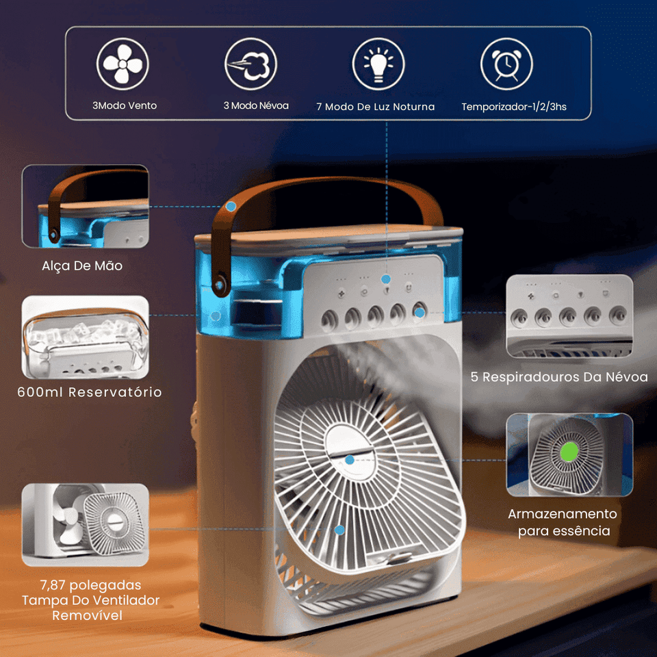 Mini Ventilador e Umidificador de Mesa Portátil Led